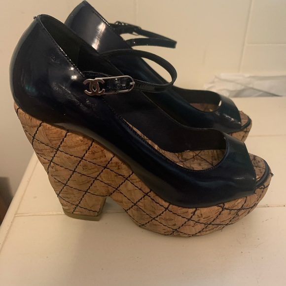 Chanel Patent Leather Quilted Cork Wedge Platforms - Picture 3 of 7